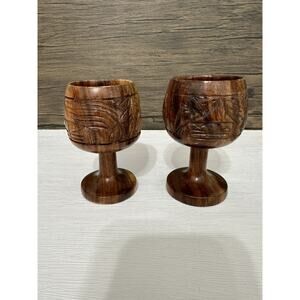 Vintage Tiki Goblets Monkey Pod Wood Hawaiian Hand Crafted Cups Luau Barware